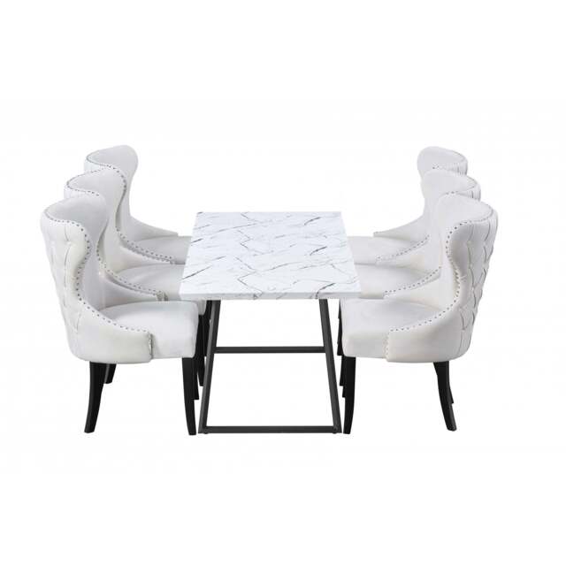 Toga Mayfair LUX Dining Table Set - Toga Extendable White Dining Table w/ a Set of 6 Mayfair LUX Velvet Dining Chairs - cream