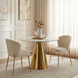 Azalea White Marble Round Dining Table with Gold Finish Conical Base - thumbnail 5