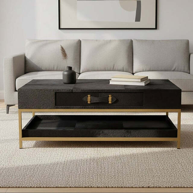 Black Hair-On-Hide Leather Coffee Table with Gold Metal Frame and Storage Drawer, Kensington Townhouse - image 1