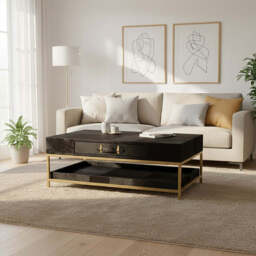 Black Hair-On-Hide Leather Coffee Table with Gold Metal Frame and Storage Drawer, Kensington Townhouse - thumbnail 3