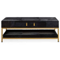 Black Hair-On-Hide Leather Coffee Table with Gold Metal Frame and Storage Drawer, Kensington Townhouse - thumbnail 2
