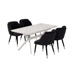 Milano Blaze LUX Dining Set - a White EXTENDABLE Dining Table & 4 Velvet Dining Chairs with Silver End Caps