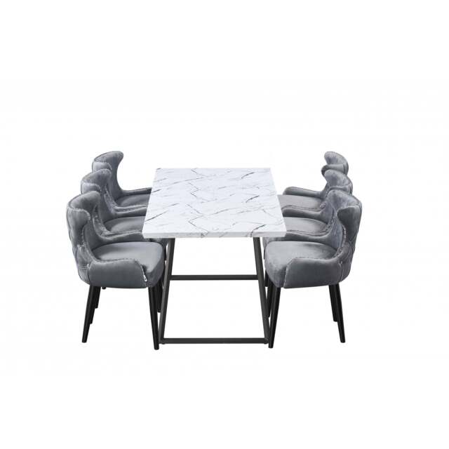 Toga Oxford LUX Dining Set - Toga Extendable White Dining Table w/ a Set of 6 Oxford LUX Velvet Dining Chairs - Dark Grey
