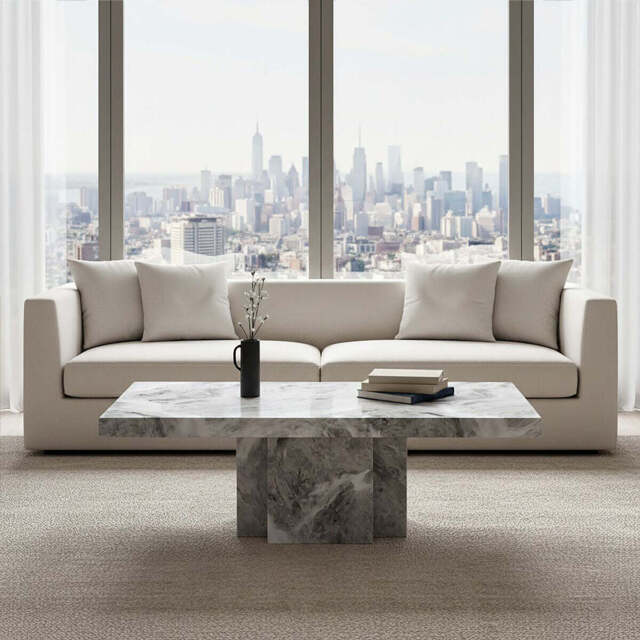 Grey Marble Top Coffee Table with Pedestal Base and Silver Metal Trim, Saronno - image 1