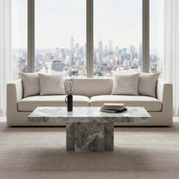 Grey Marble Top Coffee Table with Pedestal Base and Silver Metal Trim, Saronno - thumbnail 1