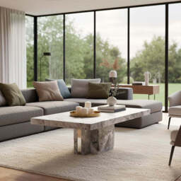 Grey Marble Top Coffee Table with Pedestal Base and Silver Metal Trim, Saronno - thumbnail 3