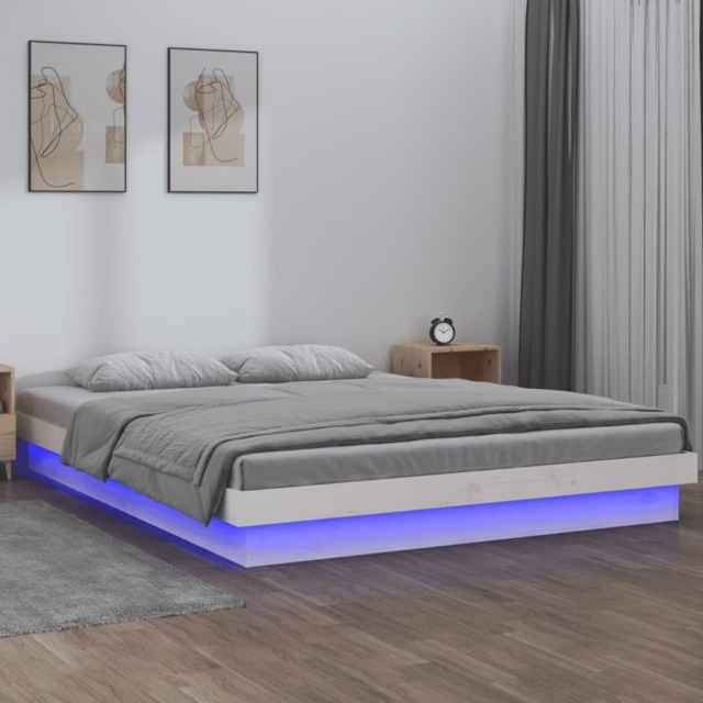 LED Bed Frame without Mattress White Double Solid Wood - image 1