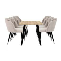 Milano Rocco Duke LUX Dining Set - a Oak Dining Table & 6 Velvet Dining Chairs with Silver End Caps - Grey