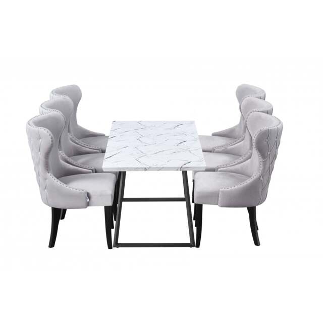 Toga Mayfair LUX Dining Table Set - Toga Extendable White Dining Table w/ a Set of 6 Mayfair LUX Velvet Dining Chairs - Light Grey