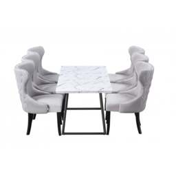 Toga Mayfair LUX Dining Table Set - Toga Extendable White Dining Table w/ a Set of 6 Mayfair LUX Velvet Dining Chairs - Light Grey