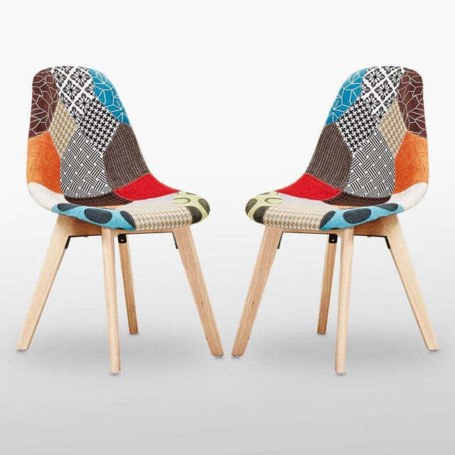Patchwork Fabric Chair with Wooden Legs - Multicoloured - Set Of 2