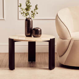 Cream Round Marble Top Large Coffee Table with Small Acacia Legs, Palermo - thumbnail 1
