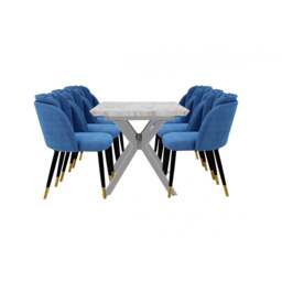Milano Blaze LUX Dining Set - a White EXTENDABLE Dining Table & 6 Velvet Dining Chairs with Gold End Caps - Blue