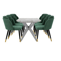 Milano Blaze LUX Dining Set - a White EXTENDABLE Dining Table & 6 Velvet Dining Chairs with Silver End Caps - Green