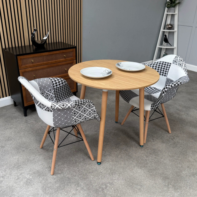 Patchwork Halo Dining Table Set - Set of 2 Black and White Patchwork Retro Tower Armchairs & a Halo Dining Table - image 1