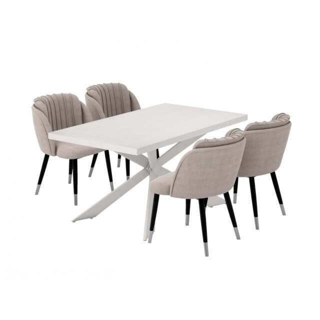 Milano Duke LUX Dining Set - a White Dining Table & 4 Velvet Dining Chairs with Silver End Caps - Grey