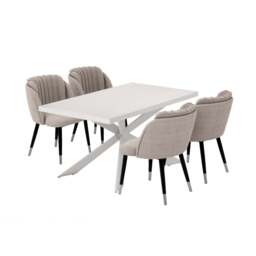 Milano Duke LUX Dining Set - a White Dining Table & 4 Velvet Dining Chairs with Silver End Caps - Grey