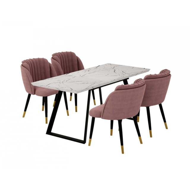 Milano Toga Extendable Dining Set - a White Extendable Dining Table & 4 Dining Chairs with Gold End Caps - Pink