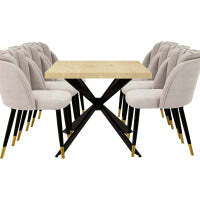 Milano Duke LUX Dining Set - a Oak Dining Table & 6 Dining Chairs with Gold End Caps - Grey