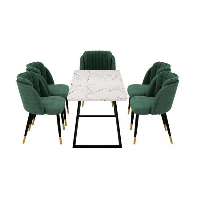 Milano Toga Extendable Dining Set - a White Extendable Dining Table & 6 Dining Chairs with Gold End Caps - Green