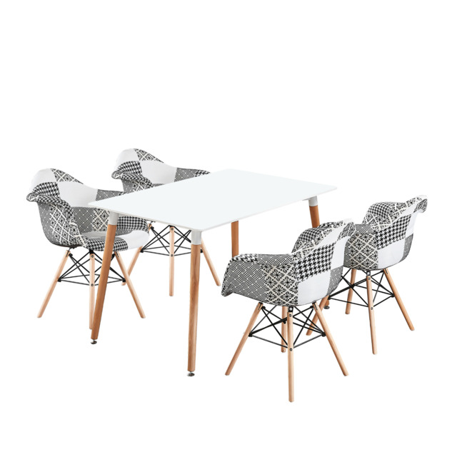 5PCs Dining Set - a White Halo Dining Table & Set of 4 Black/White Patchwork Accent Chairs - image 1