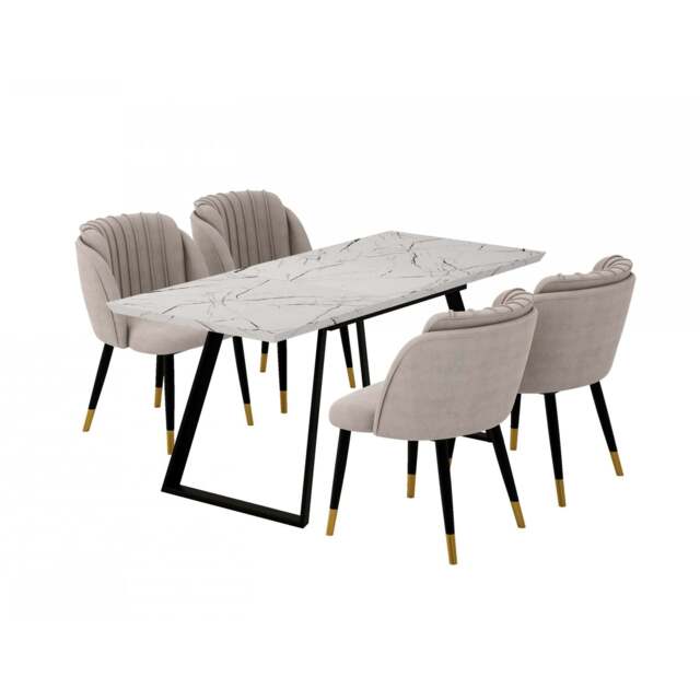 Milano Toga Extendable Dining Set - a White Extendable Dining Table & 4 Dining Chairs with Gold End Caps - Grey