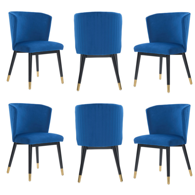 Sofina Modern Velvet Dining Chair with Tufted Back – Wooden Frame & Gold-Tipped Rubberwood Legs - Blue / Set of 6