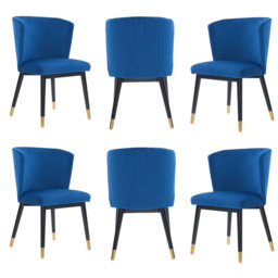 Sofina Modern Velvet Dining Chair with Tufted Back – Wooden Frame & Gold-Tipped Rubberwood Legs - Blue / Set of 6