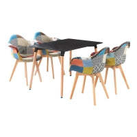 Patchwork Halo Dining Set - Set of 4 Tub Retro Chairs with Armrests & a Halo Table w/ Solid Wooden Legs - Black