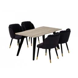 Milano Duke LUX Dining Set, a Light Walunt Dining Table & 4 Velvet Dining Chairs with Gold End Caps