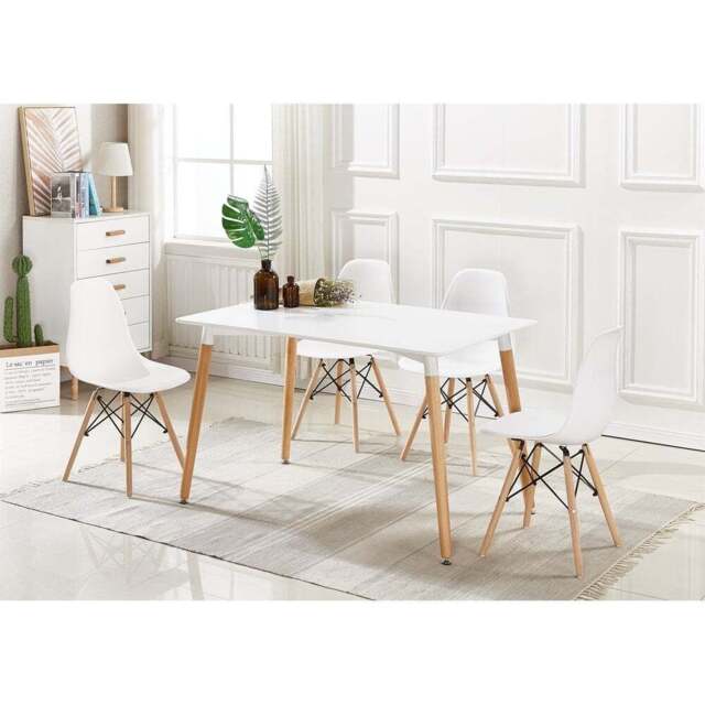 Halo Dining Table and Ghost Chair Set for 4 - Eiffel Plastic Chairs and a Rectangle Dining Table - White / White