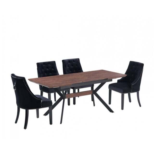 Blaze Walnut Dining Table and Set of 4 Black Windsor Dining Chairs - image 1