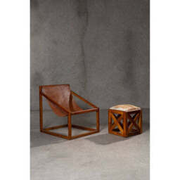 Kendari Brown Leather and Teak Wood Sling Chair - thumbnail 3
