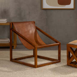 Kendari Brown Leather and Teak Wood Sling Chair - thumbnail 1