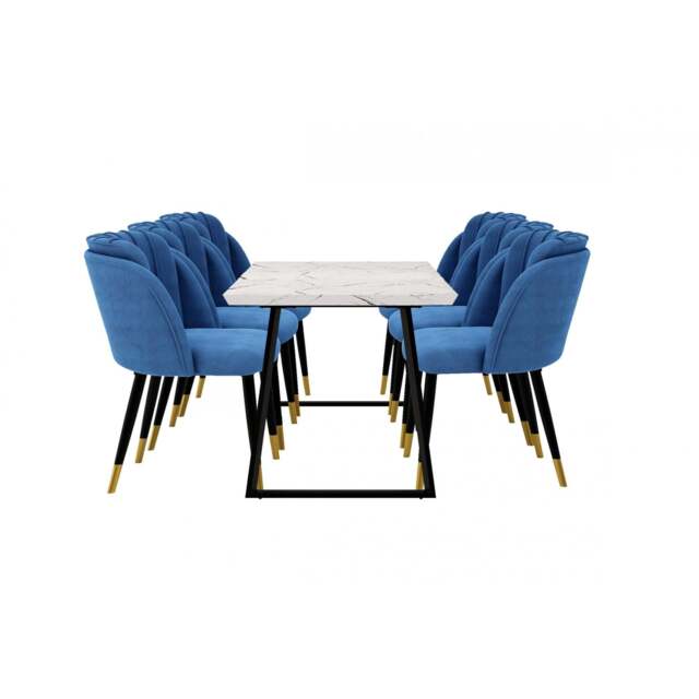 Milano Toga Extendable Dining Set - a White Extendable Dining Table & 6 Dining Chairs with Gold End Caps - Blue