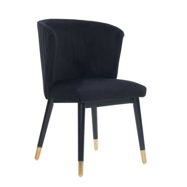 Sofina Modern Velvet Dining Chair with Tufted Back – Wooden Frame & Gold-Tipped Rubberwood Legs - Black / Single