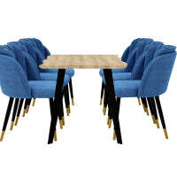 Milano Rocco Duke LUX Dining Set - a Oak Dining Table & 6 Velvet Dining Chairs with Silver End Caps - Blue