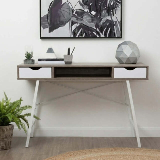 Light Oak Veneer Effect 2 Drawer Desk in White Finish Frame - Bradbury - image 1