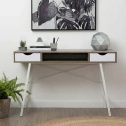 Light Oak Veneer Effect 2 Drawer Desk in White Finish Frame - Bradbury