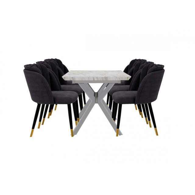 Milano Blaze LUX Dining Set - a White EXTENDABLE Dining Table & 6 Velvet Dining Chairs with Gold End Caps - image 1