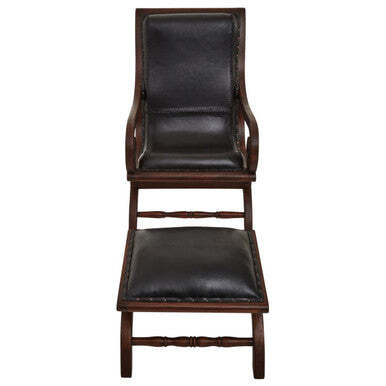 Inca Genuine Black Leather and Teak Lounge Chair with Footstool - image 1