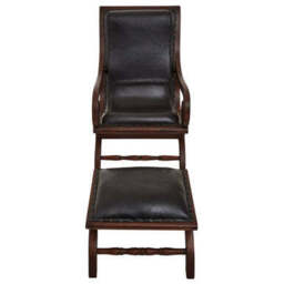 Inca Genuine Black Leather and Teak Lounge Chair with Footstool - thumbnail 3