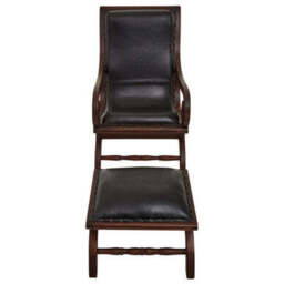 Inca Genuine Black Leather and Teak Lounge Chair with Footstool - thumbnail 1