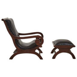 Inca Black Leather and Teak Wood Lounge Chair with Footstool - thumbnail 2