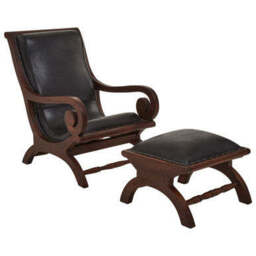 Inca Black Leather and Teak Wood Lounge Chair with Footstool - thumbnail 1