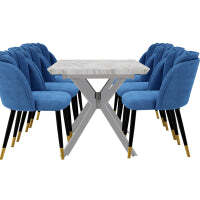Milano Blaze LUX Dining Set - a White EXTENDABLE Dining Table & 6 Velvet Dining Chairs with Silver End Caps - Blue