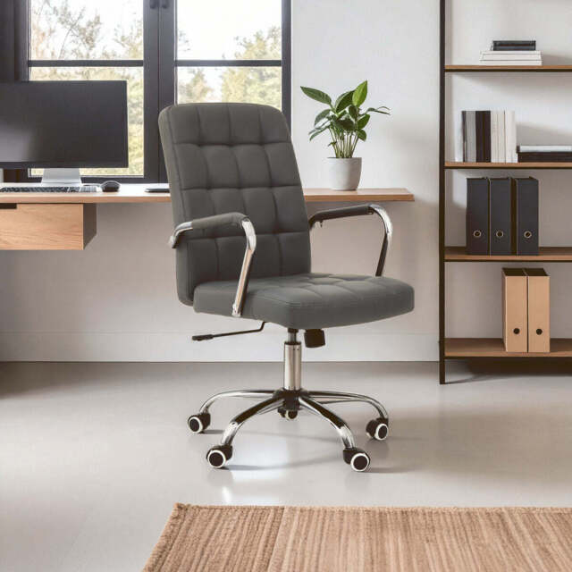 Grey Leather Effect and Chrome Home Office Chair - Brent - image 1