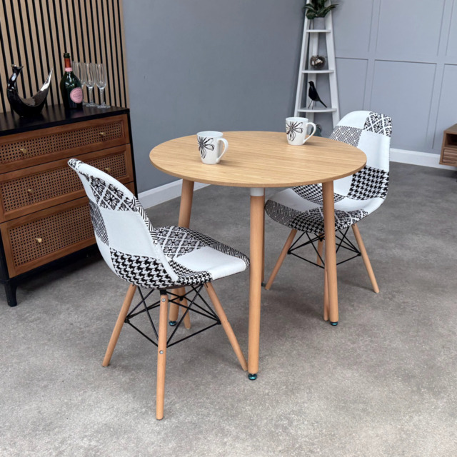 Patchwork Halo Dining Table Set - Set of 2 Black and White Patchwork Retro Tower Chairs & a Halo Dining Table - Wood