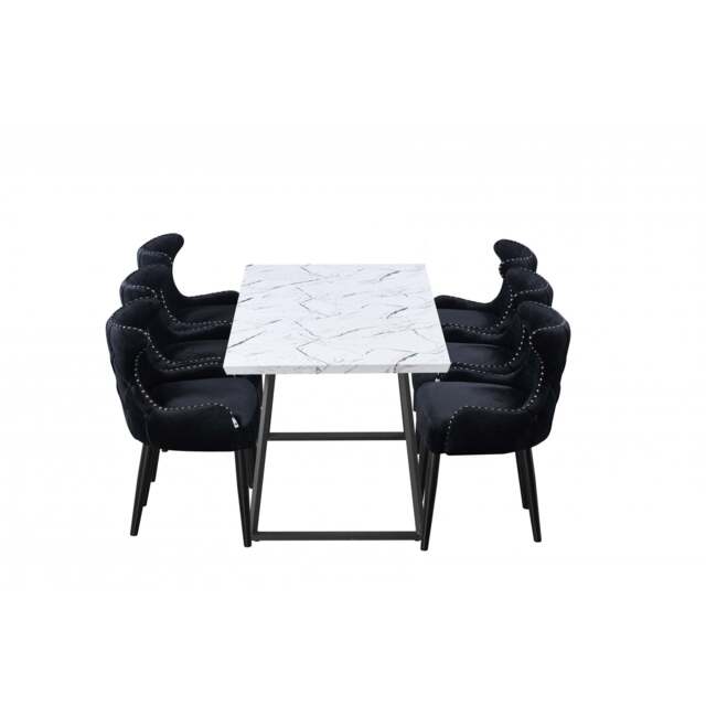 Toga Oxford LUX Dining Set - Toga Extendable White Dining Table w/ a Set of 6 Oxford LUX Velvet Dining Chairs - Black