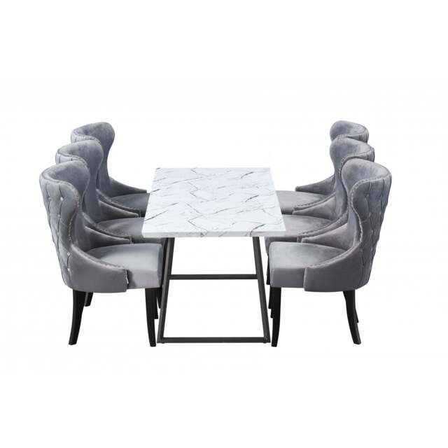 Toga Mayfair LUX Dining Table Set - Toga Extendable White Dining Table w/ a Set of 6 Mayfair LUX Velvet Dining Chairs - Dark Grey
